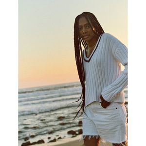 Faherty Game Set Cricket cashmere blend ribbed V Neck white Sweater Sz M 2022